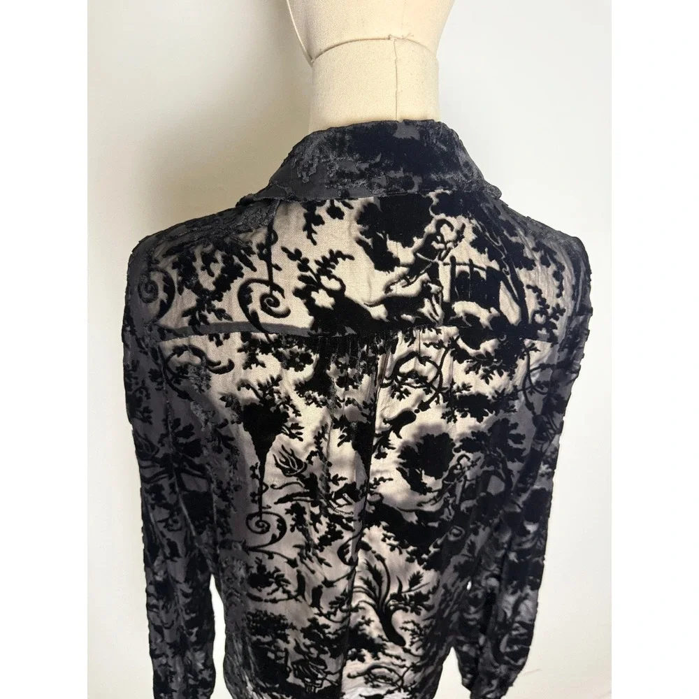 PAIGE Black Burnout Velvet Devore Floral Sheer Button Down Blouse Tie Cuff M